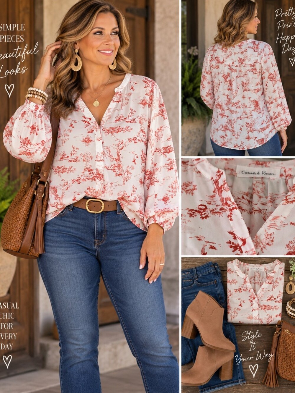 Chelsea & Theodore 2X Ivory Rust Toile Print Blouse Plus Size Boho Tunic